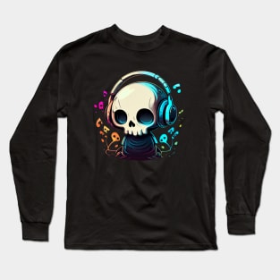 Kawaii Skull Wearing Headphones Long Sleeve T-Shirt